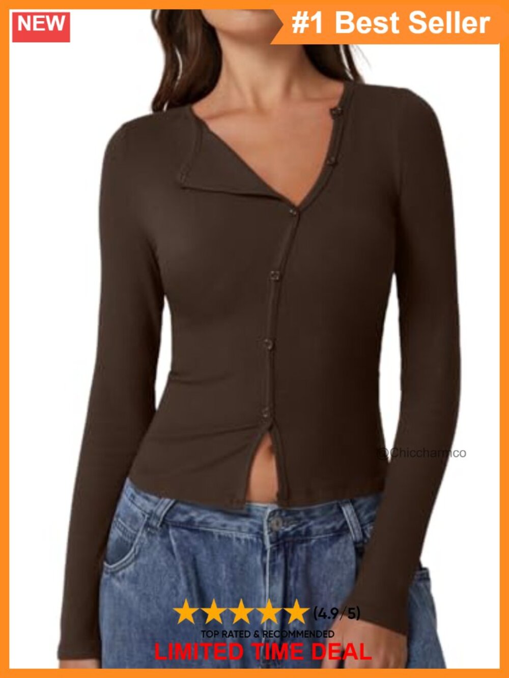 Women's Ribbed Knit Long Sleeve Button Crewneck Crop Top Going Out Shirt